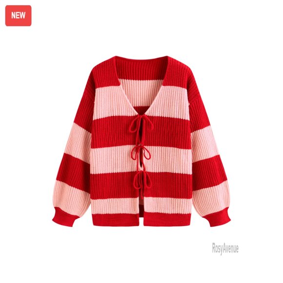 Striped Tie Front Cardigan Sweater Cropped Y2K Trendy Balloon Sleeves Knit